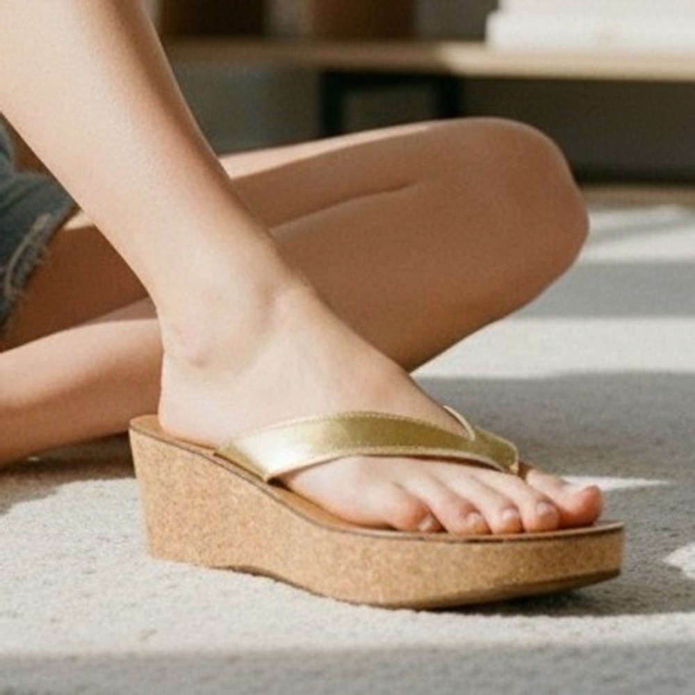 Gold Women's Wedge Flip Flop Sandals Cork Platform Thong Open Toe - Size‎ 39